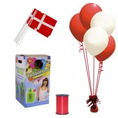HELIUM OG 30 rød & hvid BALLONER INKL. BÅND / VÆGTE og Flag - Helium til balloner og heliumsæt