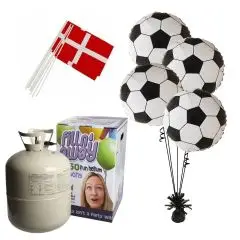 HELIUM OG 30 FOLIE FODBOLD BALLONER INKL. BÅND / VÆGTE OG FLAG - Helium til balloner og heliumsæt