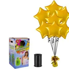 HELIUM OG 7 GULD STJERNE BALLONER INKL. BÅND OG VÆGTE - Nytårs-pakketilbud