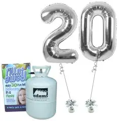 Tal balloner i sølv "20" med helium - Talballoner med helium