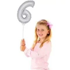 Folie ballon på pind - sølv 6 tal - 36 cm. - Små sølv folietal (kun til luft)