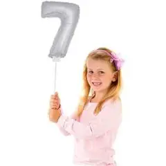Folie ballon på pind - sølv 7 tal - 36 cm. - Små sølv folietal (kun til luft)