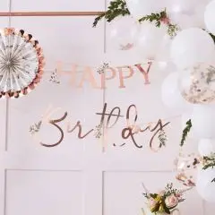 Rose gold Happy Birthday banner - Botanisk fødselsdag tema