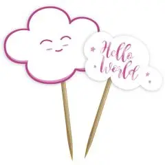 Cocktailpinde med pink "Hello World" motiv - 24 stk. - 14 cm høje - Cupcake tilbehør